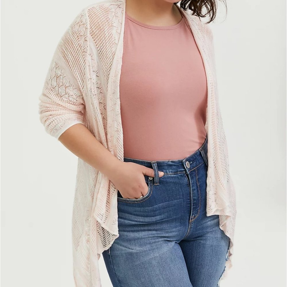 Women US 1 Torrid Peach Pink & Ivory Stripe Pointelle Drape Front Cardigan